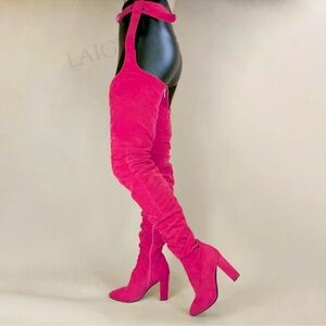 Fuchsia Suede Thigh High Chap Boots ✨